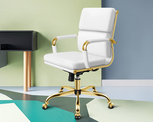 ALFORDSON Office Chair Ergonomic Paddings Executive Computer Work Seat Mid Back Gold and White