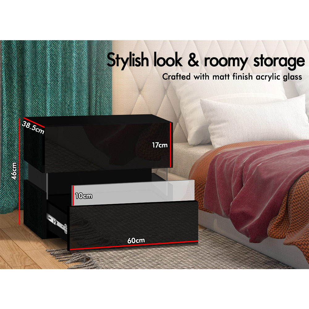 ALFORDSON Bedside Table RGB LED Nightstand 2 Drawers 4 Side High Gloss Black