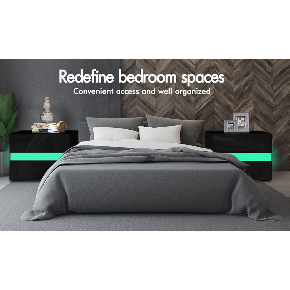 ALFORDSON Bedside Table RGB LED Nightstand 2 Drawers 4 Side High Gloss Black