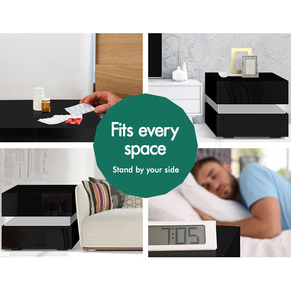 ALFORDSON Bedside Table RGB LED Nightstand 2 Drawers 4 Side High Gloss Black
