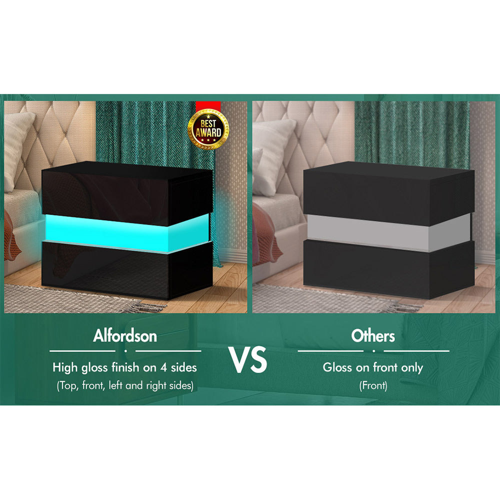 ALFORDSON Bedside Table RGB LED Nightstand 2 Drawers 4 Side High Gloss Black