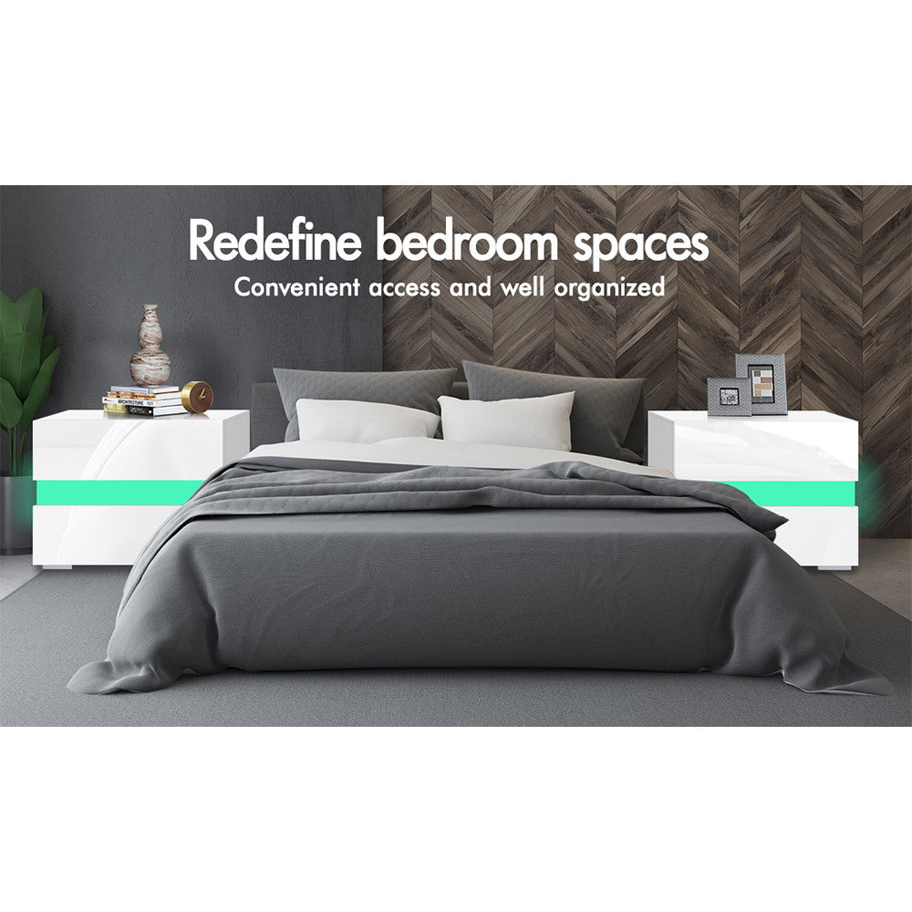 ALFORDSON Bedside Table RGB LED Nightstand 2 Drawers 4 Side High Gloss White