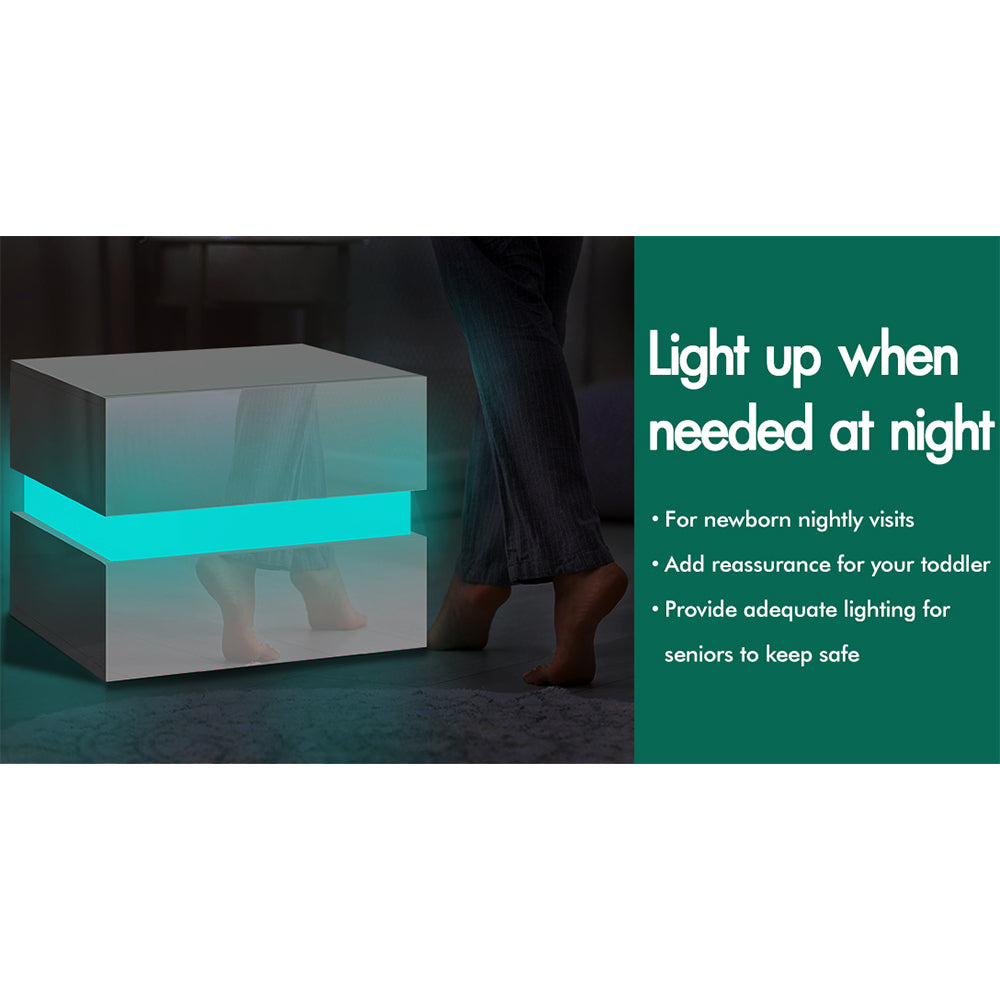 ALFORDSON Bedside Table RGB LED Nightstand 2 Drawers 4 Side High Gloss White