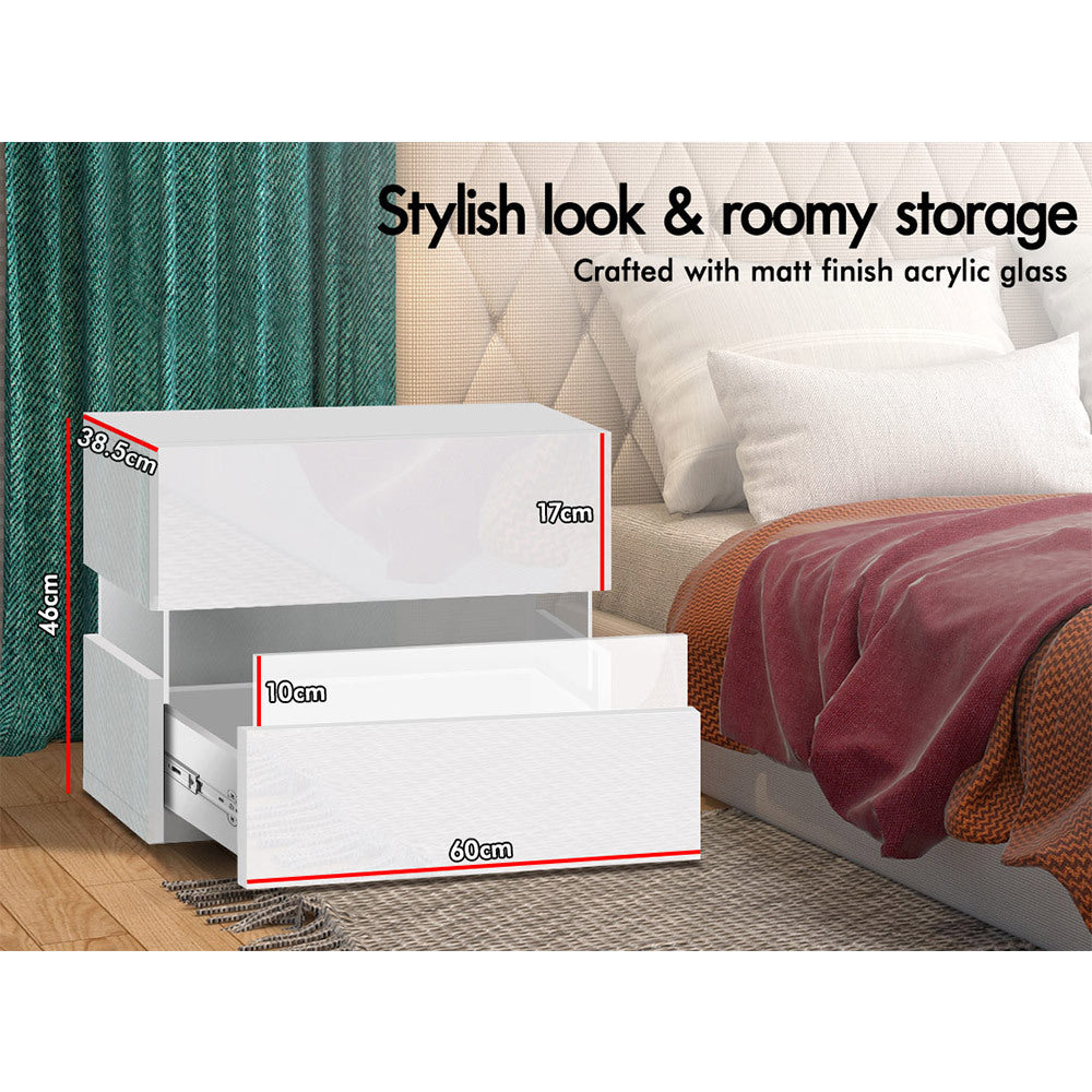 ALFORDSON Bedside Table RGB LED Nightstand 2 Drawers 4 Side High Gloss White
