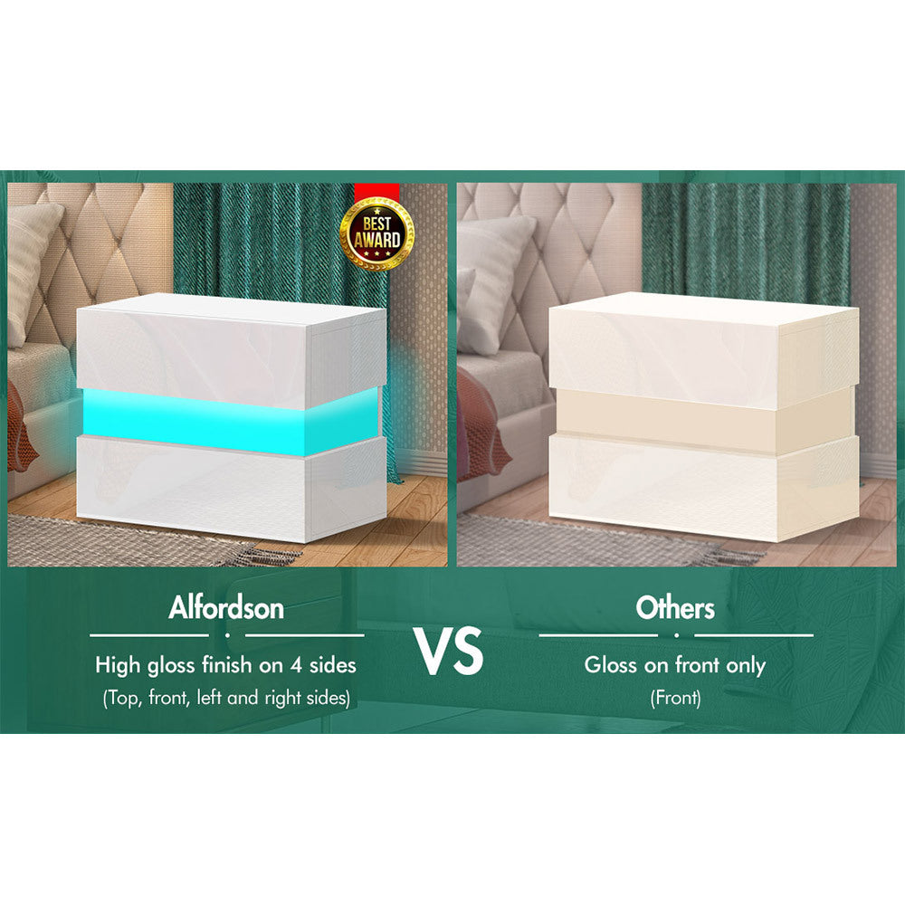 ALFORDSON Bedside Table RGB LED Nightstand 2 Drawers 4 Side High Gloss White