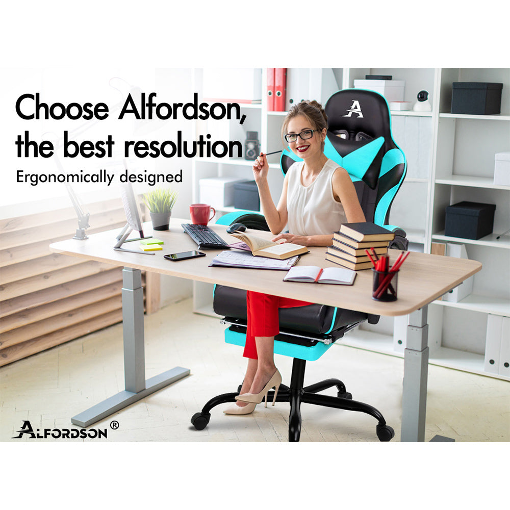 ALFORDSON Gaming Chair Office Executive Racing Footrest Seat PU Leather Cyan