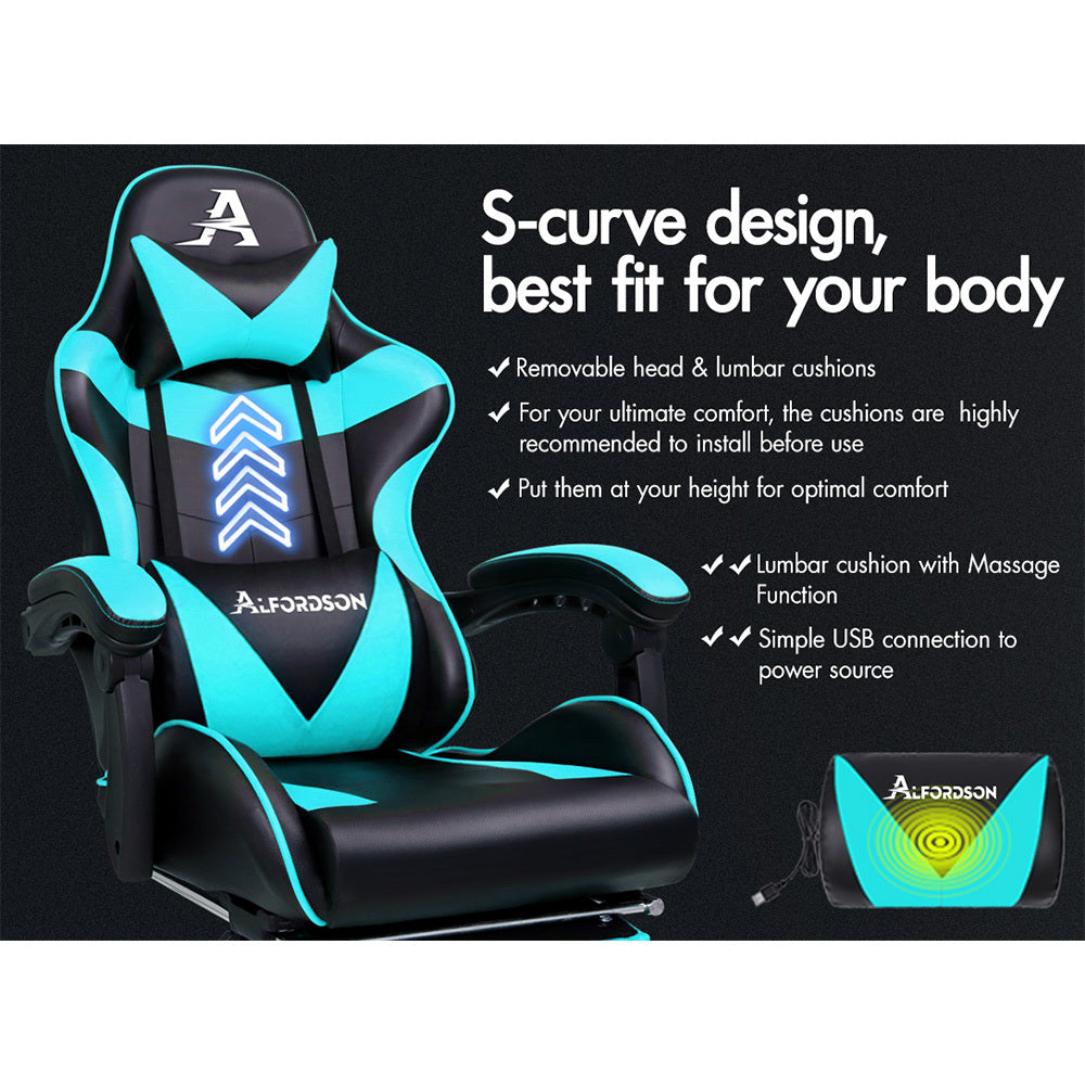 ALFORDSON Gaming Chair Office Executive Racing Footrest Seat PU Leather Cyan