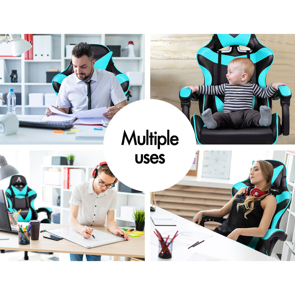 ALFORDSON Gaming Chair Office Executive Racing Footrest Seat PU Leather Cyan