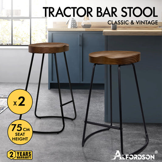 2x ALFORDSON Bar Stools Tractor Vintage 75cm Dark Wood