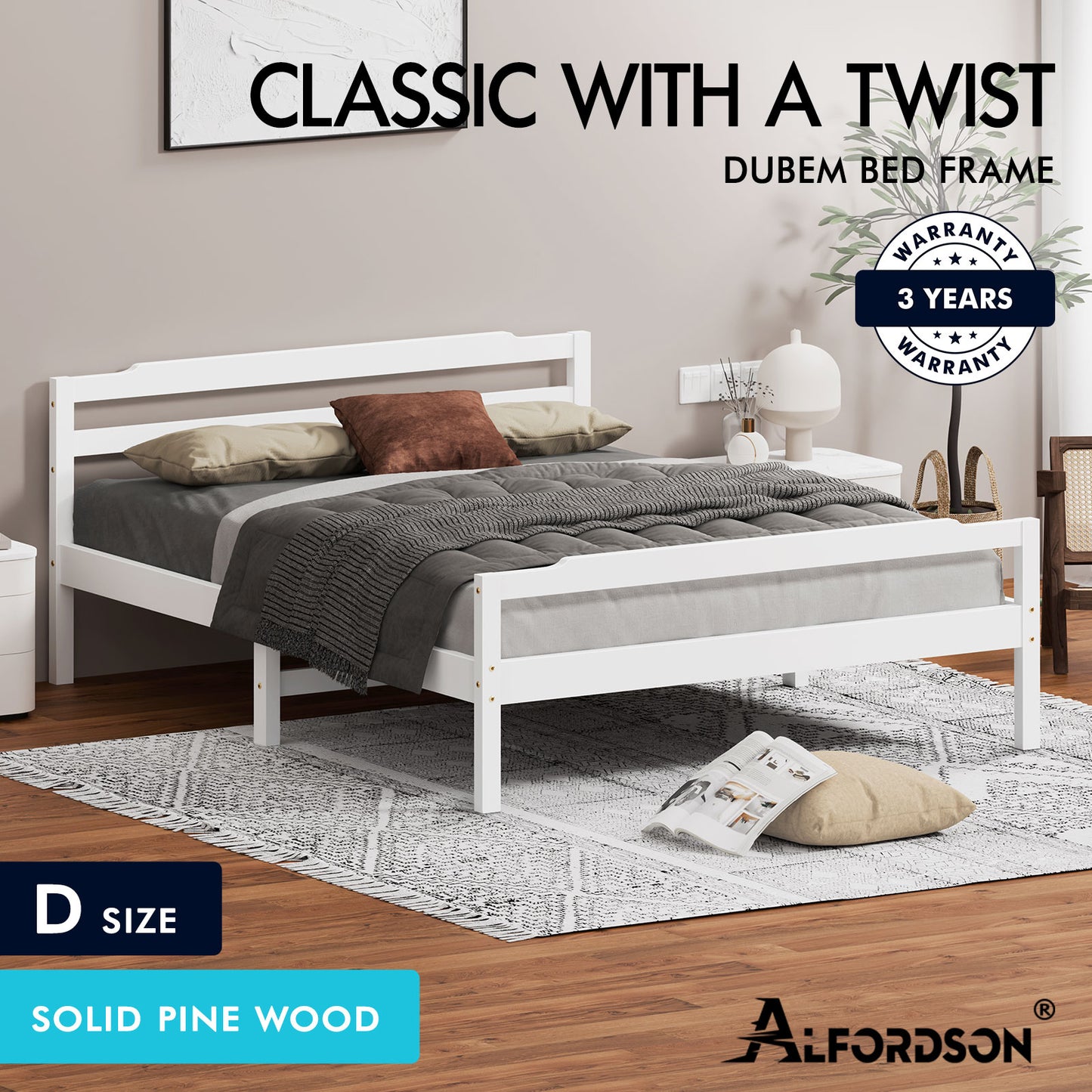 ALFORDSON Bed Frame Wooden Double Size Mattress Base Platform Timber White DUBEM