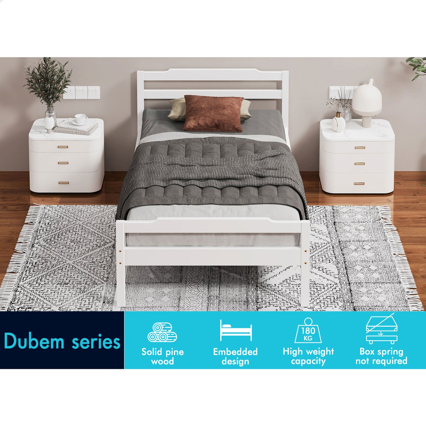 ALFORDSON Bed Frame Wooden King Single Mattress Base Platform Timber White DUBEM
