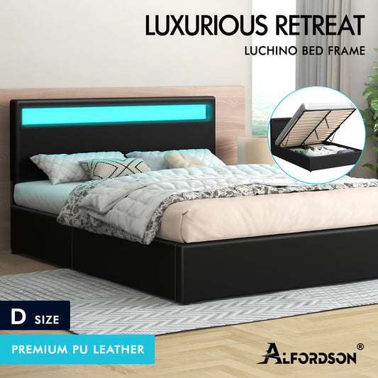ALFORDSON Bed Frame Double Size RGB LED Gas Lift Storage Base Black LUCHINO