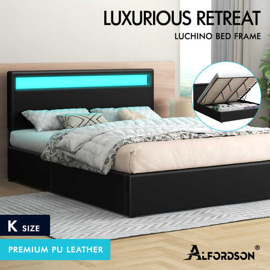 ALFORDSON Bed Frame King Size RGB LED Gas Lift Storage Base Black LUCHINO