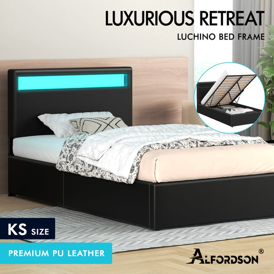 ALFORDSON Bed Frame King Single RGB LED Gas Lift Storage Base Black LUCHINO
