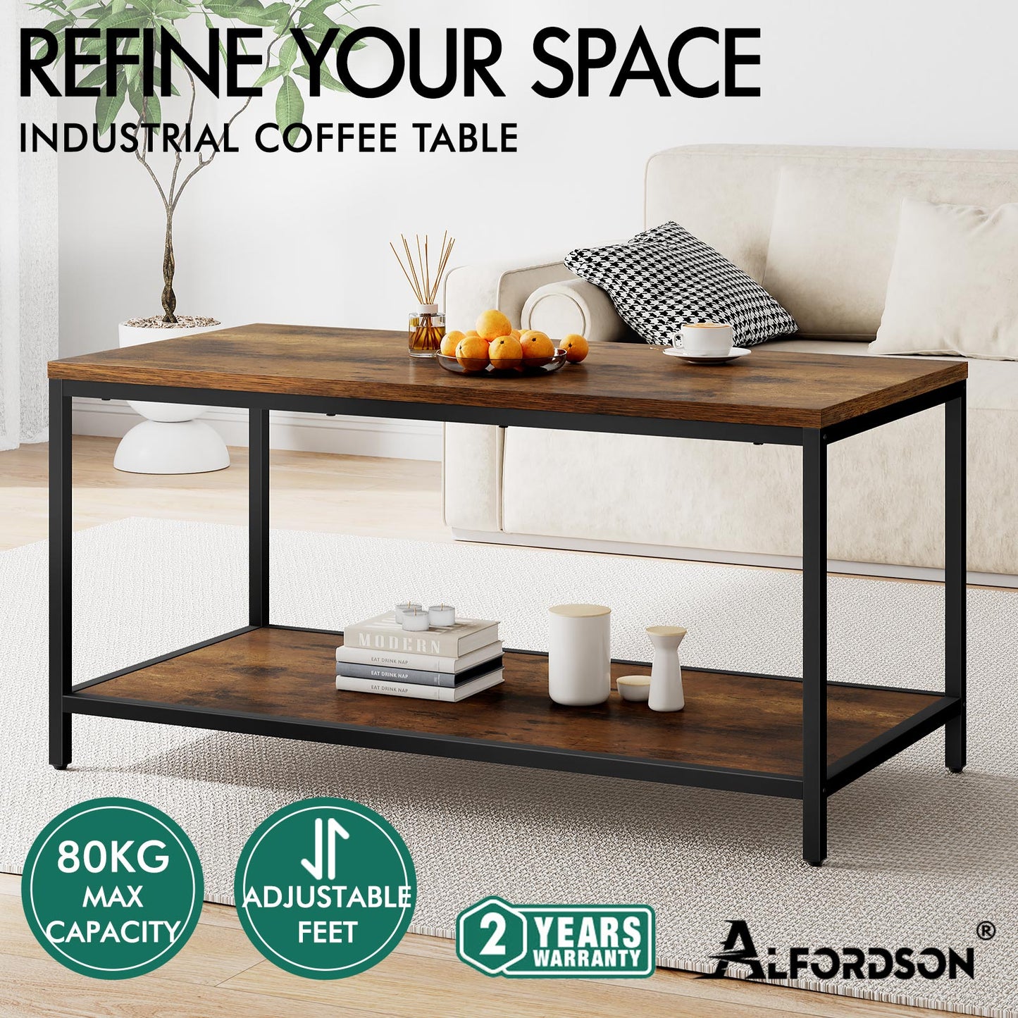 ALFORDSON Coffee Table Side Table Industrial Storage Rack 2-Tier Shelf