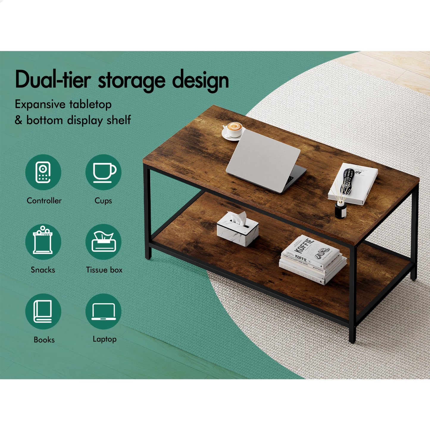 ALFORDSON Coffee Table Side Table Industrial Storage Rack 2-Tier Shelf