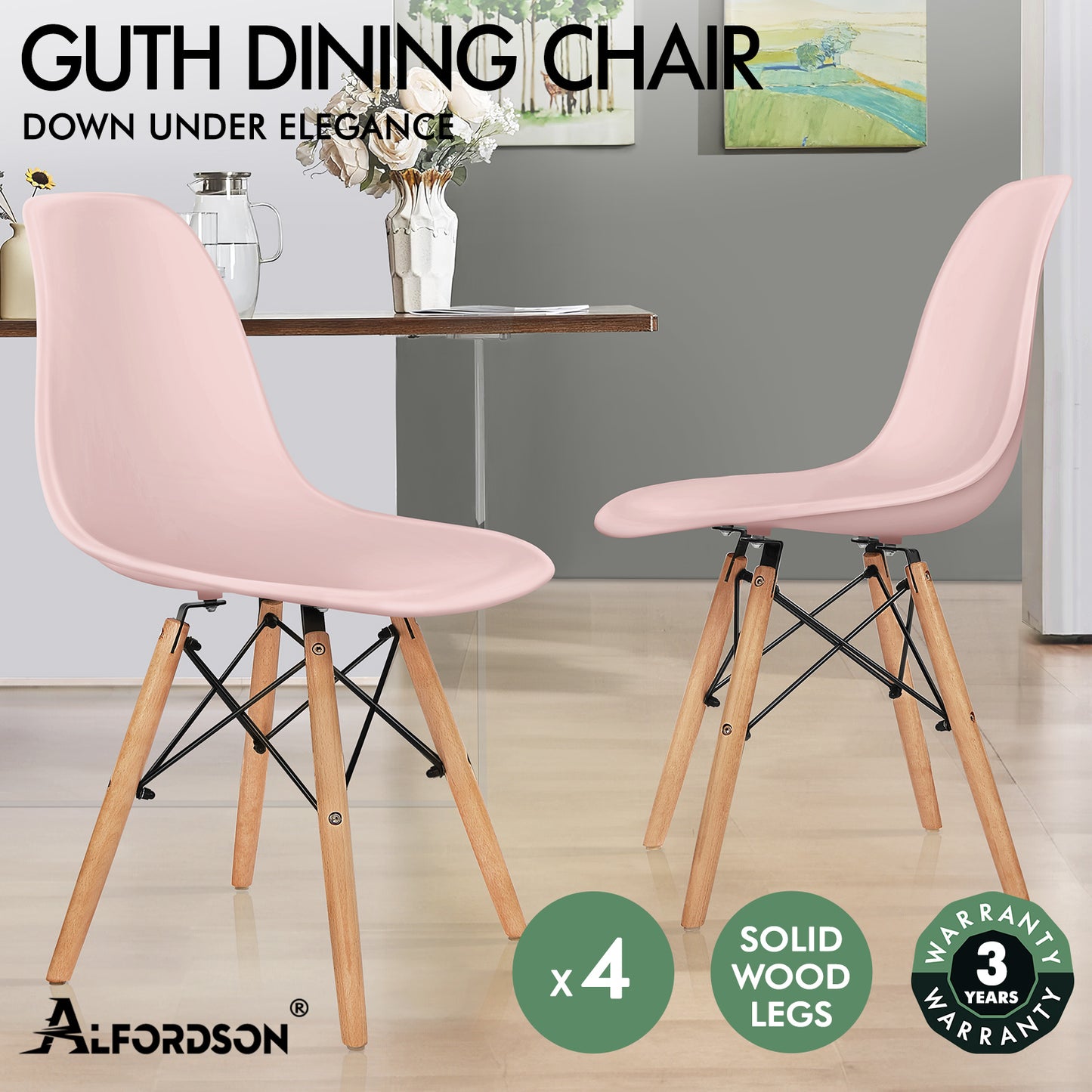 ALFORDSON 4x Dining Chairs Retro Steel Kitchen Lounge Cafe Solid Wood Pink