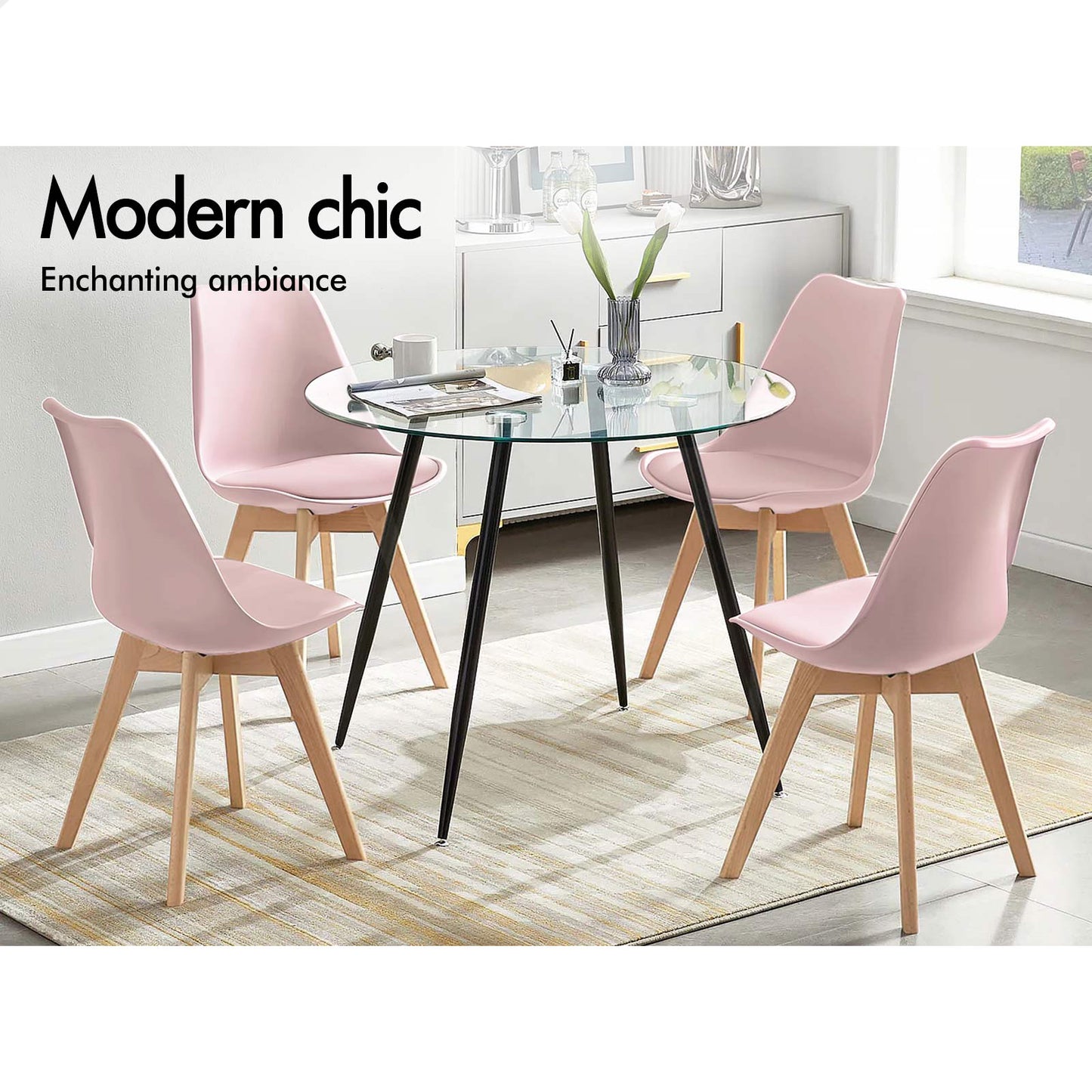 ALFORDSON 4x Dining Chairs Padding Retro PU Leather Kitchen Lounge Wooden Pink