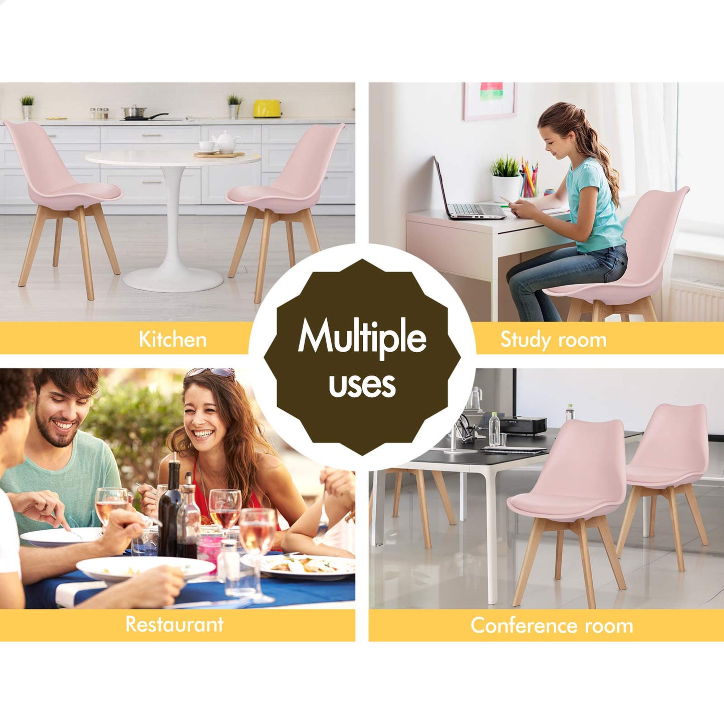 ALFORDSON 4x Dining Chairs Padding Retro PU Leather Kitchen Lounge Wooden Pink