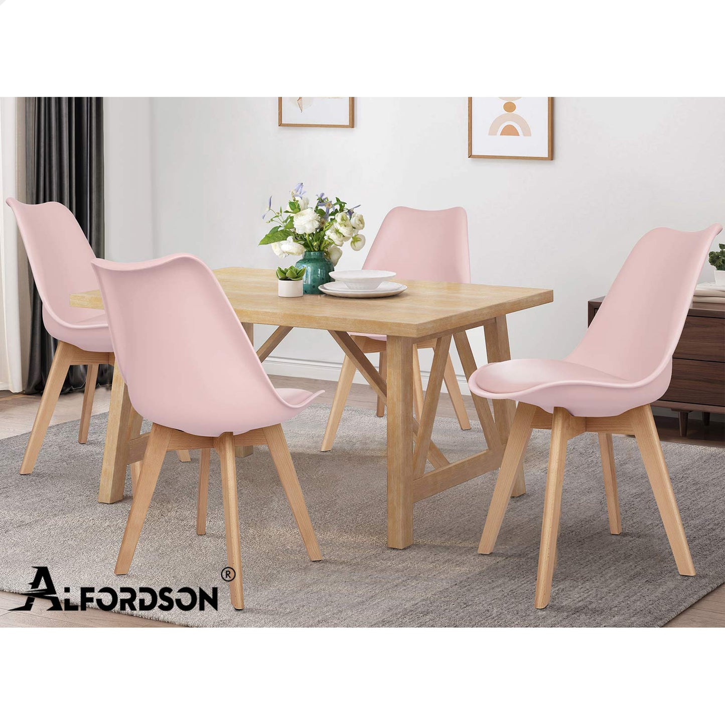 ALFORDSON 4x Dining Chairs Padding Retro PU Leather Kitchen Lounge Wooden Pink