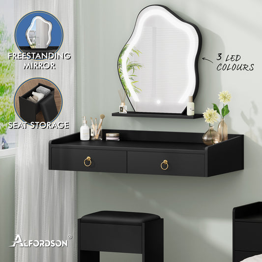 ALFORDSON Dressing Table Stool Set Floating Makeup Mirror LED Vanity Desk Black