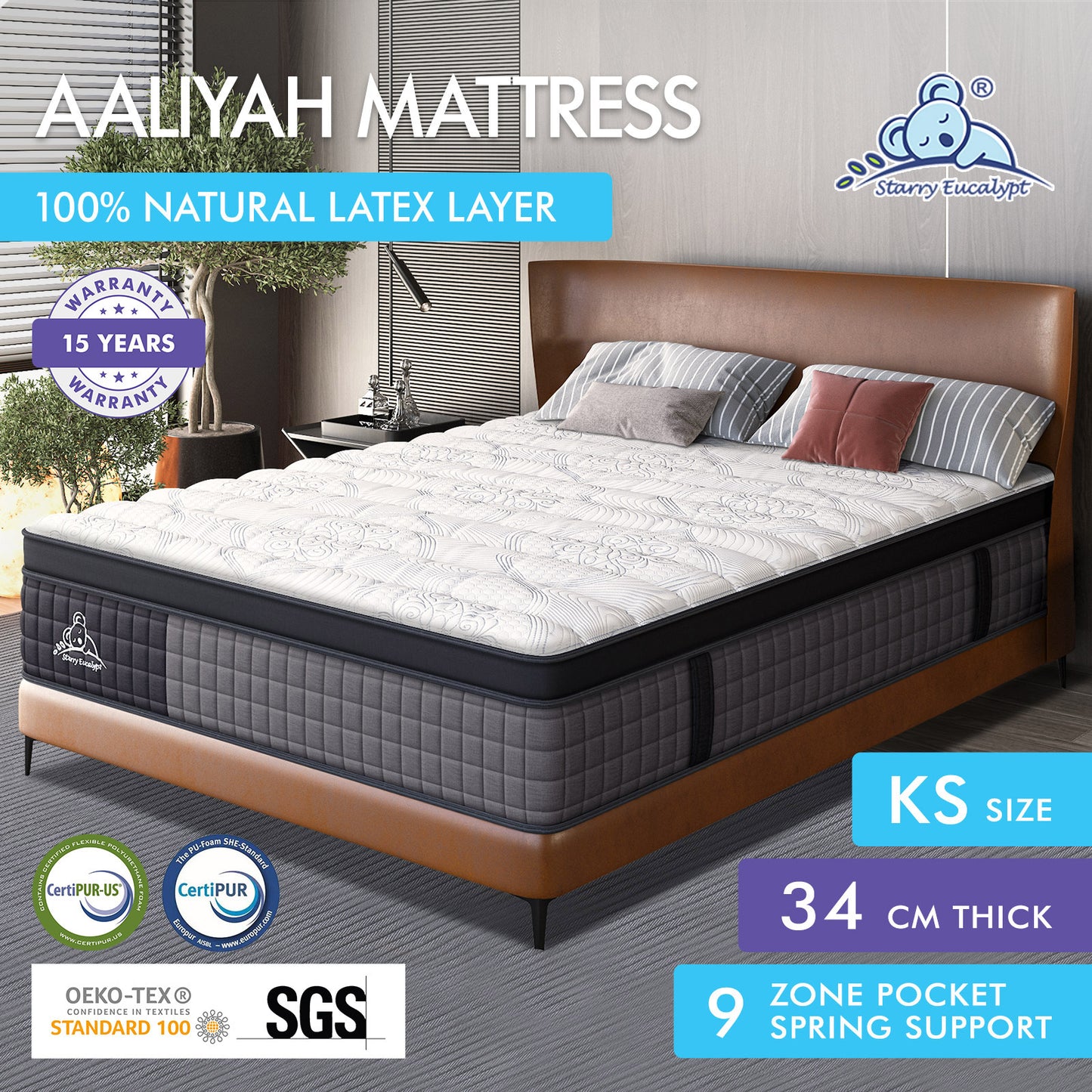 STARRY EUCALYPT Mattress Pocket Spring King Single Size Latex Euro Top 34cm 9 zone