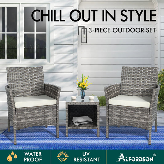 ALFORDSON Outdoor Furniture 3PCS Wicker Bistro Set Patio Chairs Table Grey