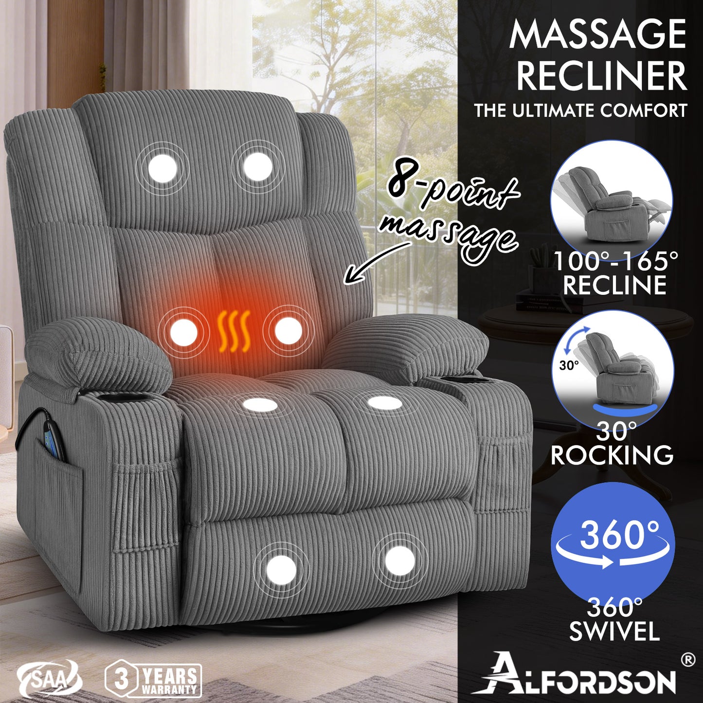 ALFORDSON Recliner Chair 360 Swivel Rocking Heated Massage Armchair Lounge Sofa