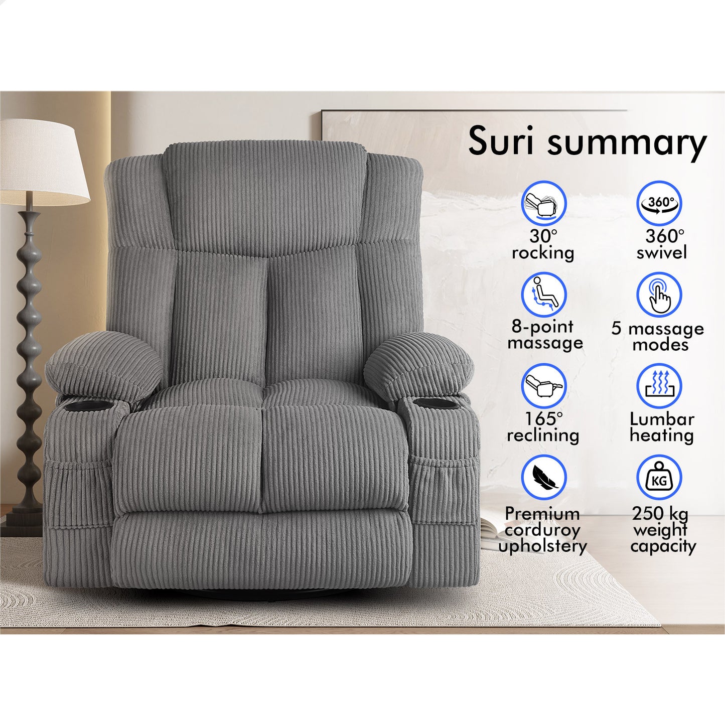 ALFORDSON Recliner Chair 360 Swivel Rocking Heated Massage Armchair Lounge Sofa