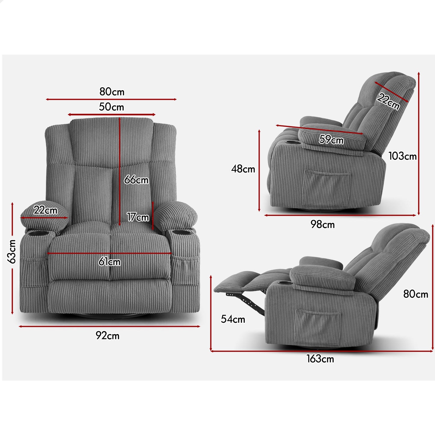 ALFORDSON Recliner Chair 360 Swivel Rocking Heated Massage Armchair Lounge Sofa