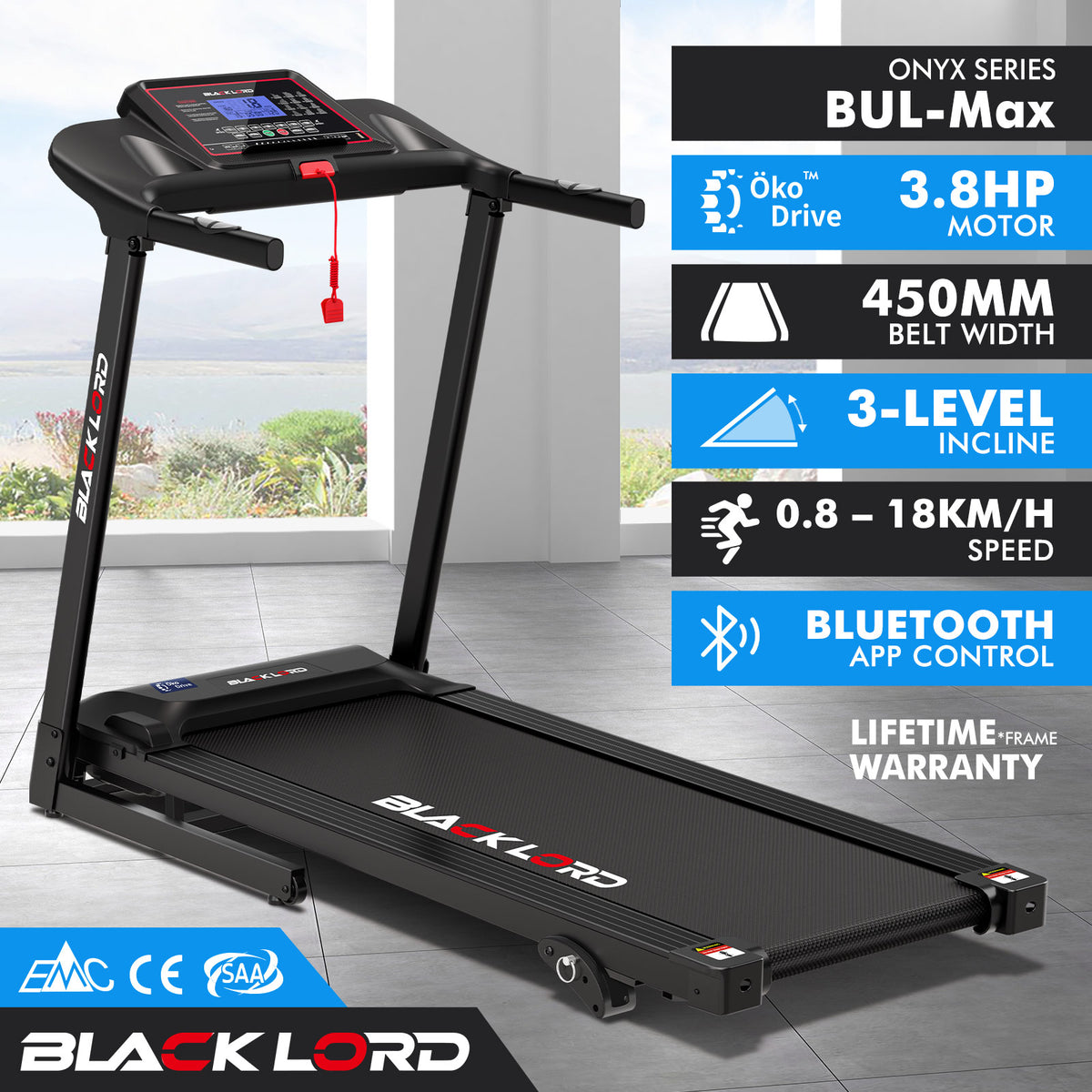BLACK LORD Treadmill Electric Home Gym Fitness Exercise Equipment Incline 450mm