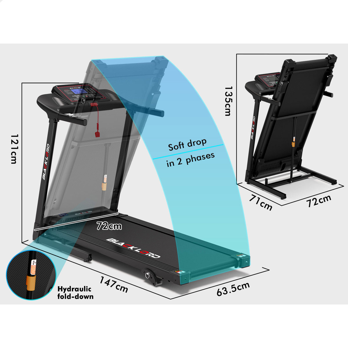 BLACK LORD Treadmill Electric Home Gym Fitness Exercise Equipment Incline 450mm