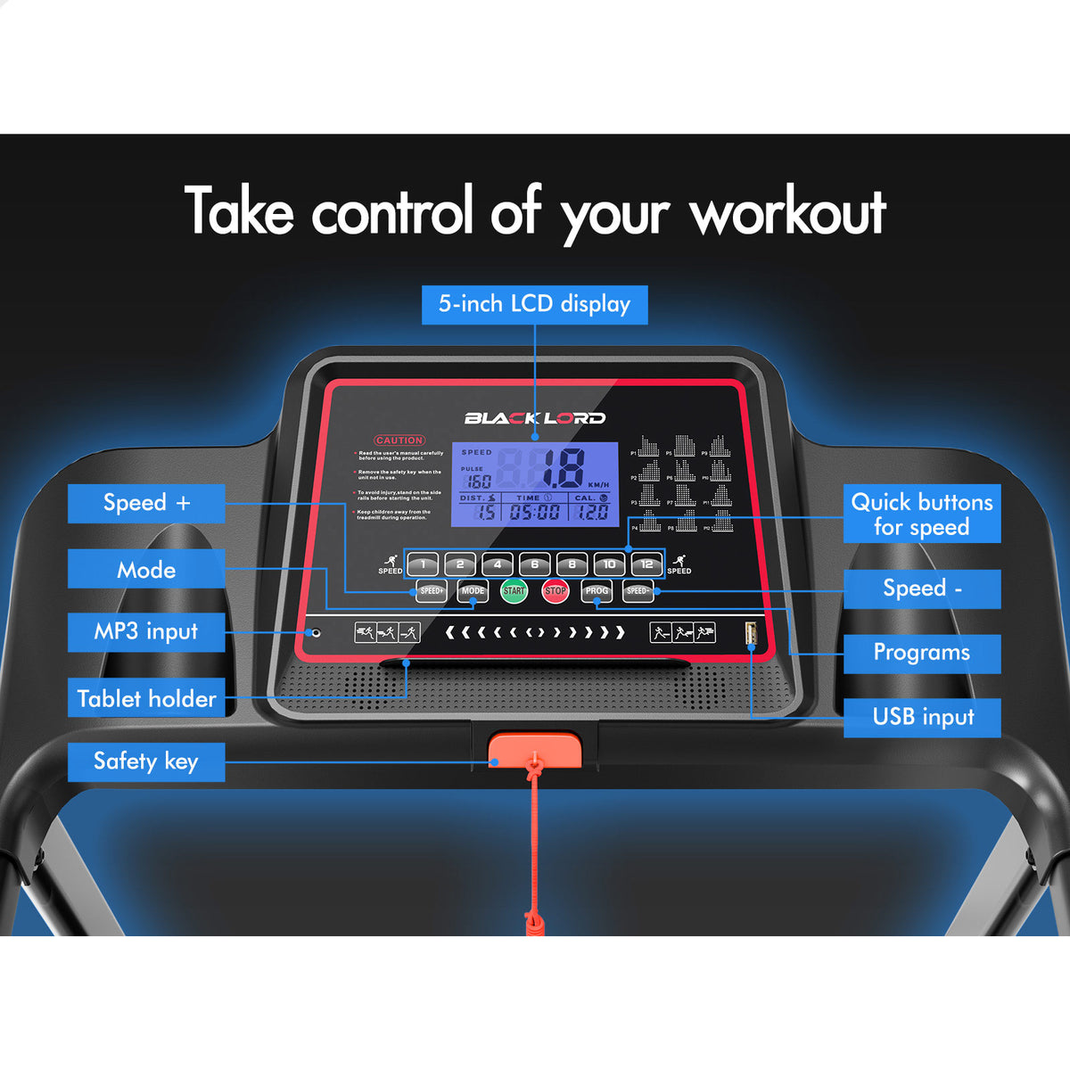 BLACK LORD Treadmill Electric Home Gym Fitness Exercise Equipment Incline 450mm