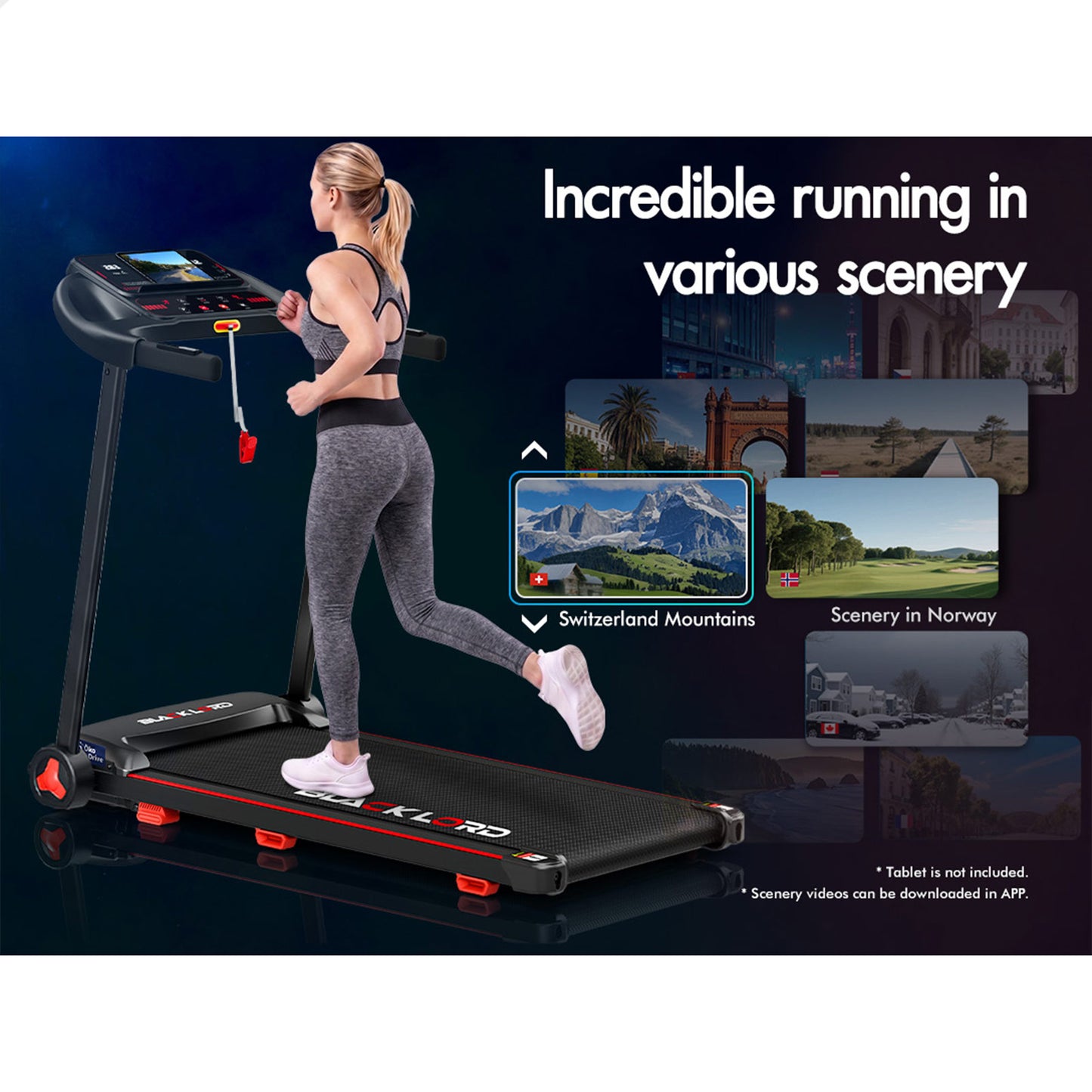 BLACK LORD Treadmill Electric Exercise Running Machine Incline Foldable 390mm