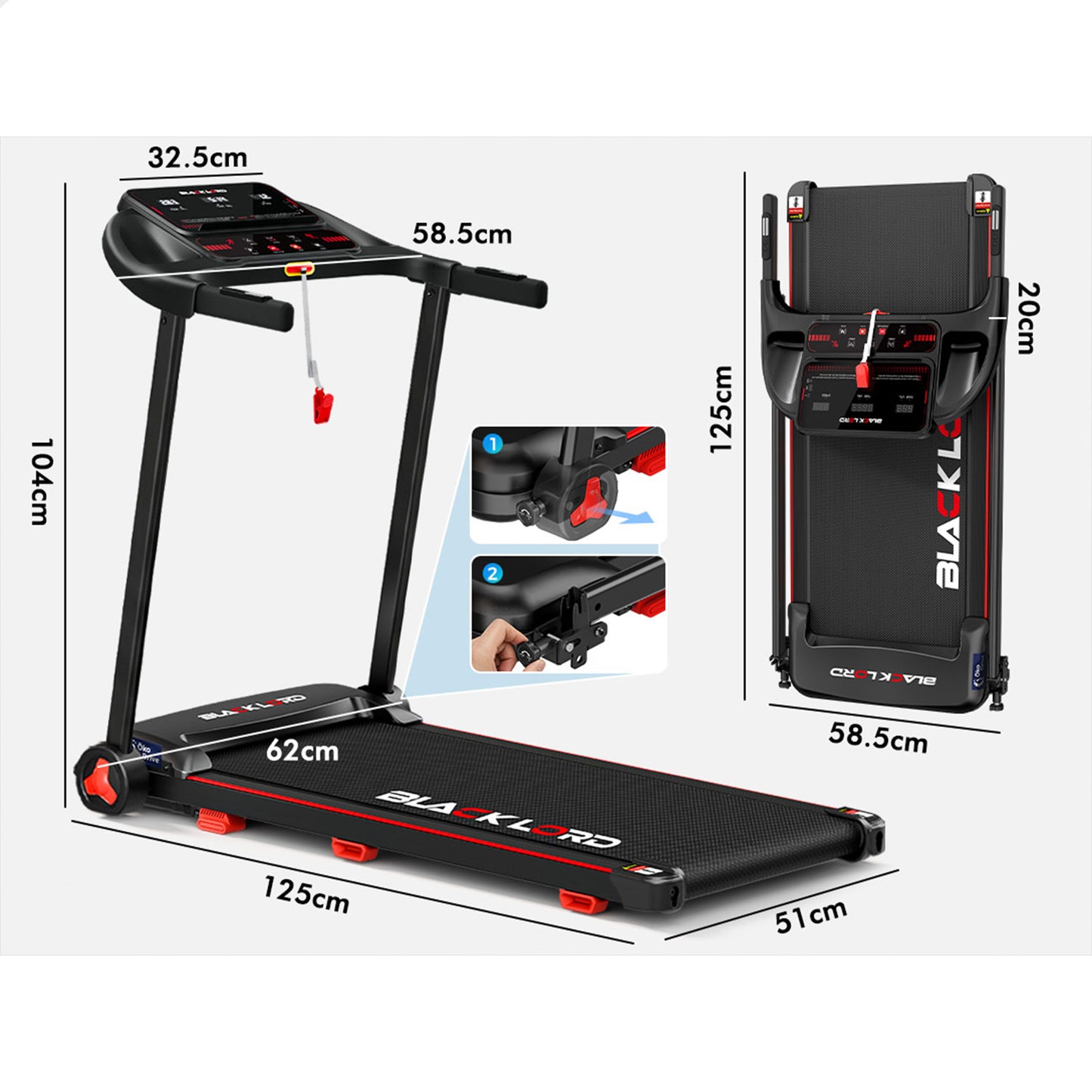BLACK LORD Treadmill Electric Exercise Running Machine Incline Foldable 390mm