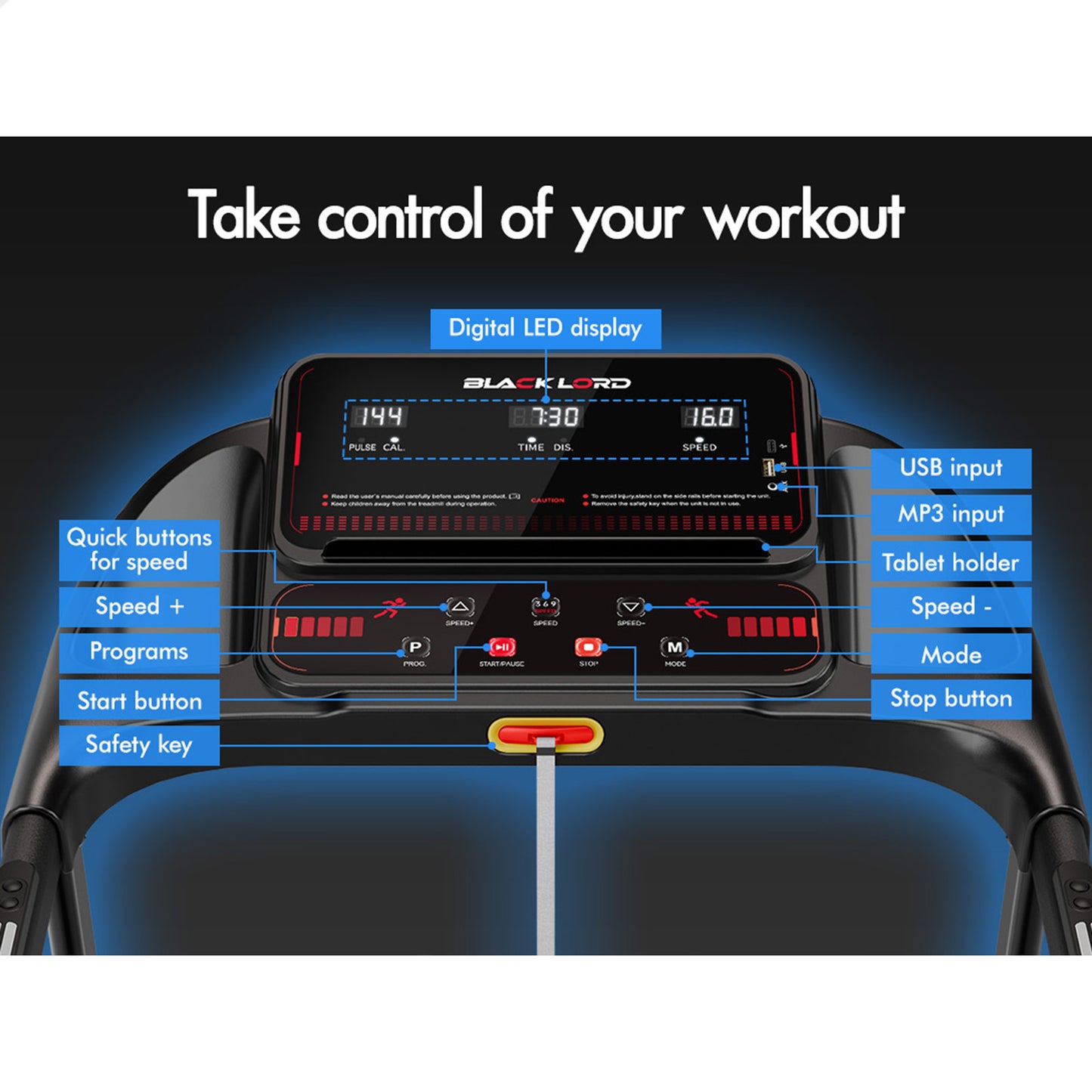 BLACK LORD Treadmill Electric Exercise Running Machine Incline Foldable 390mm