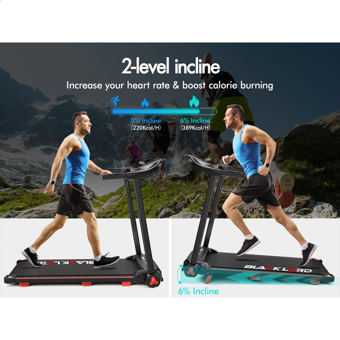 BLACK LORD Treadmill Electric Exercise Running Machine Incline Foldable 390mm