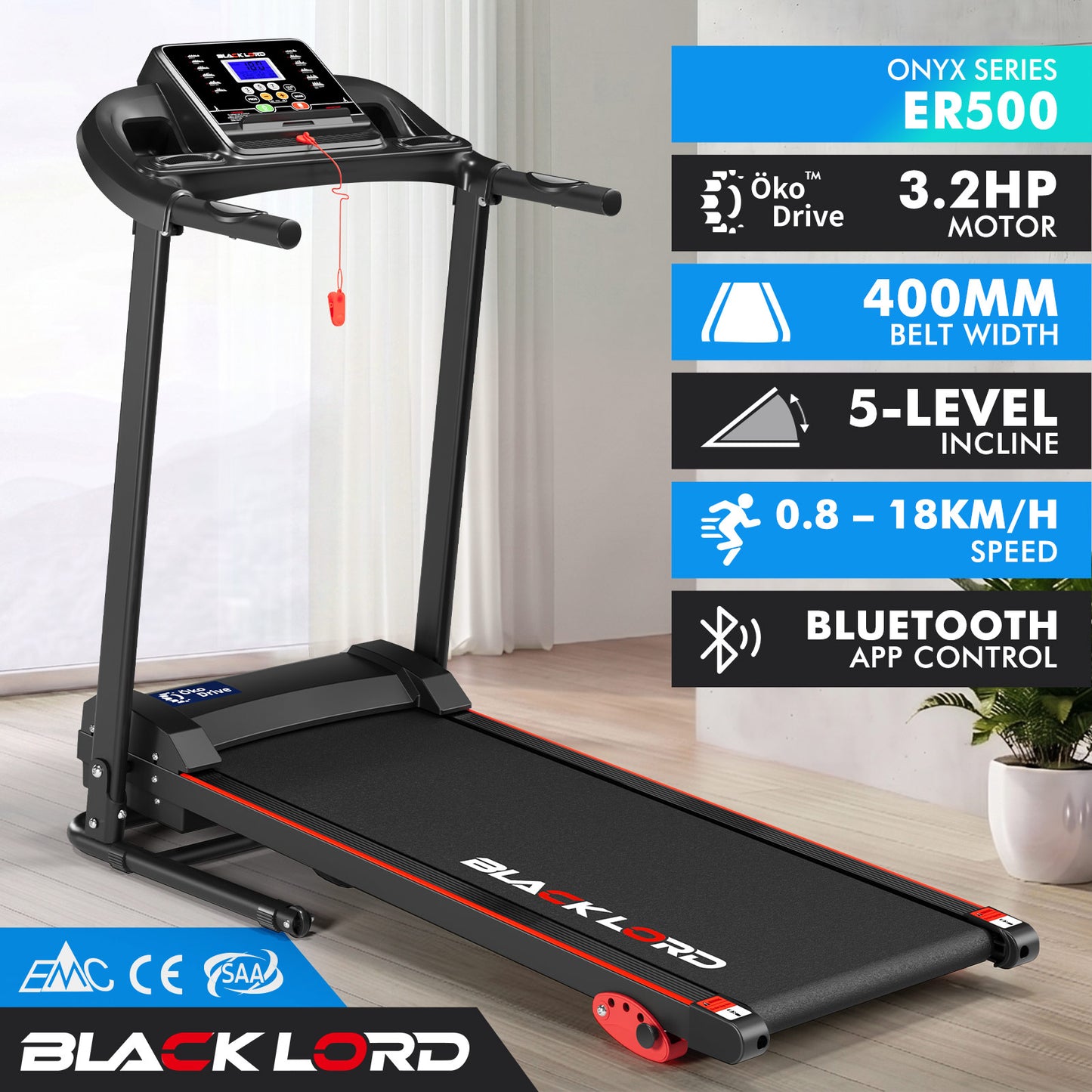 BLACK LORD Treadmill Electric Exercise Running Machine Incline Foldable 400mm