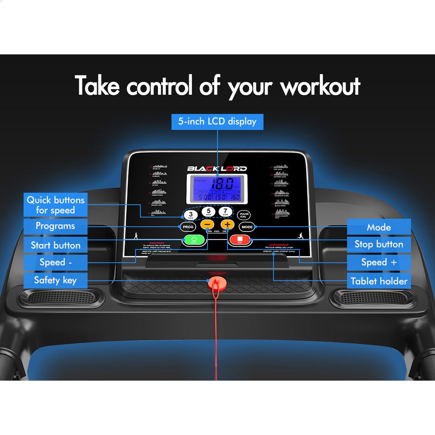 BLACK LORD Treadmill Electric Exercise Running Machine Incline Foldable 400mm