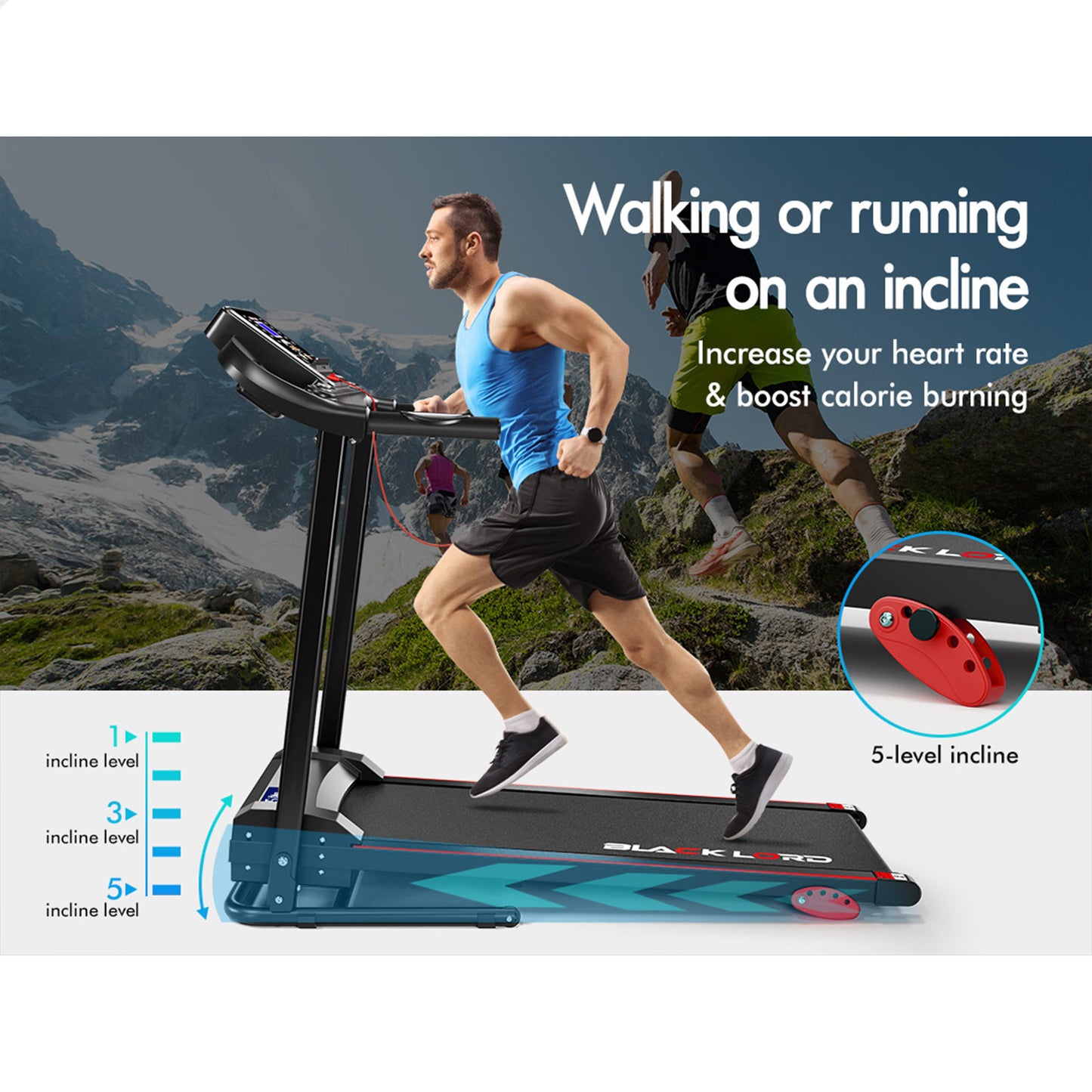 BLACK LORD Treadmill Electric Exercise Running Machine Incline Foldable 400mm