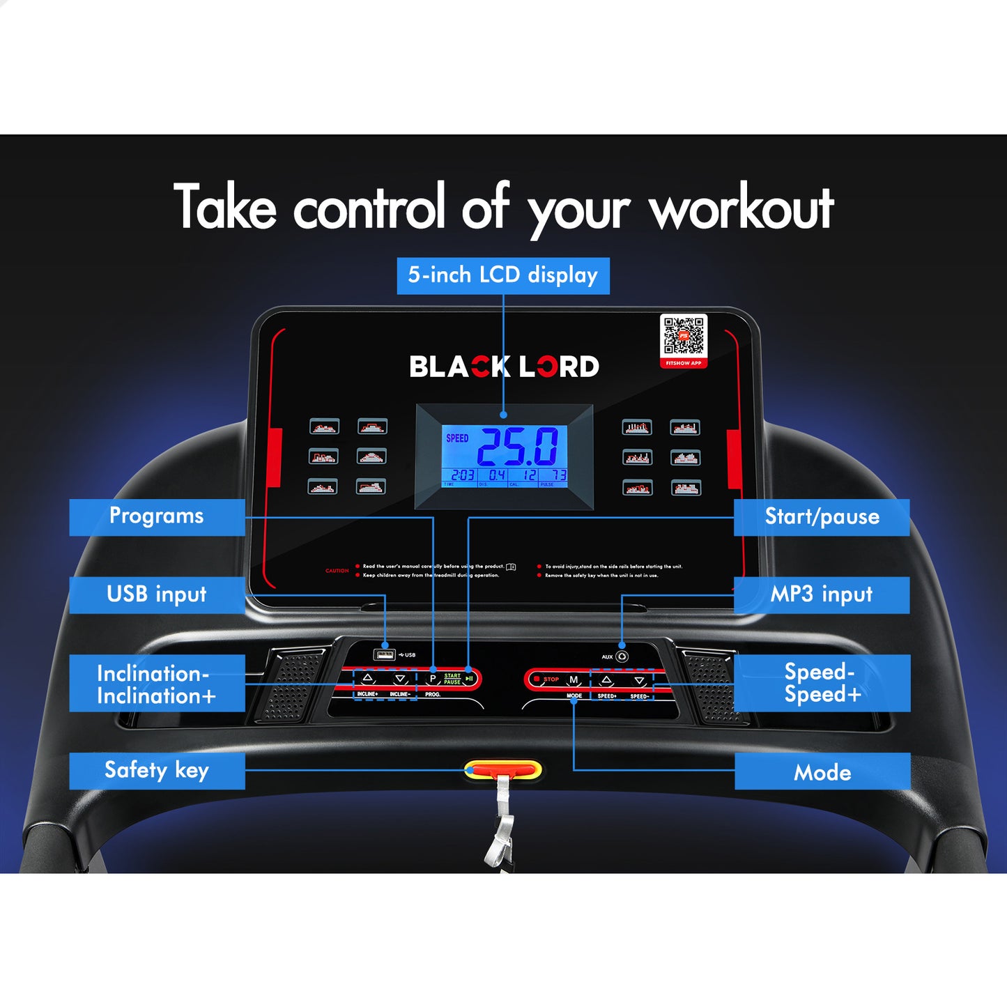 BLACK LORD Electric Treadmill Run Machine Auto Incline Home Gym Exercise
