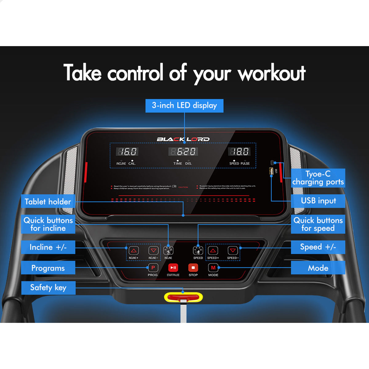 BLACK LORD Treadmill Electric Incline Home Gym Running Machine Fitness Foldable