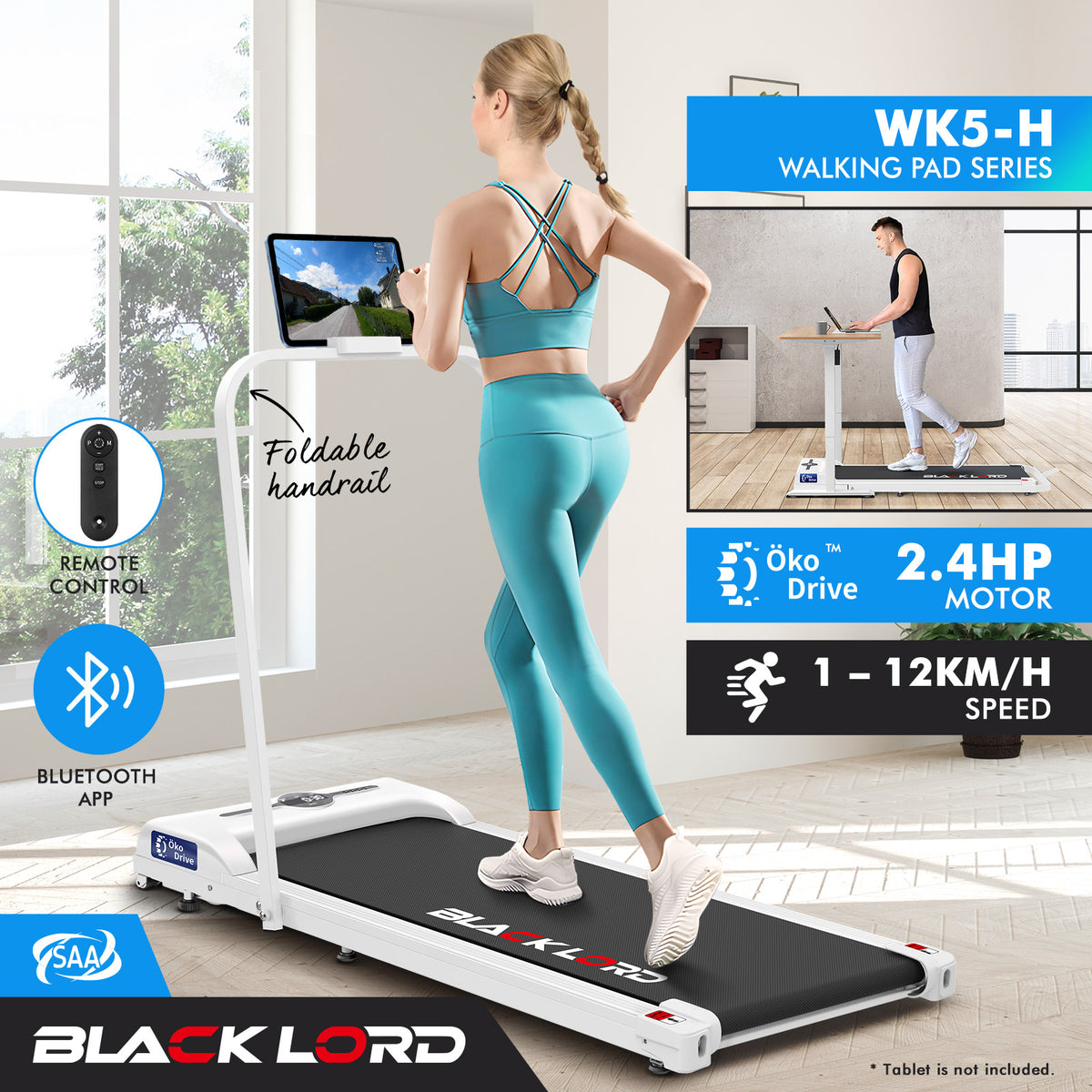BLACK LORD Treadmill Electric Walking Pad Folding Fitness Machine Home Gym White
