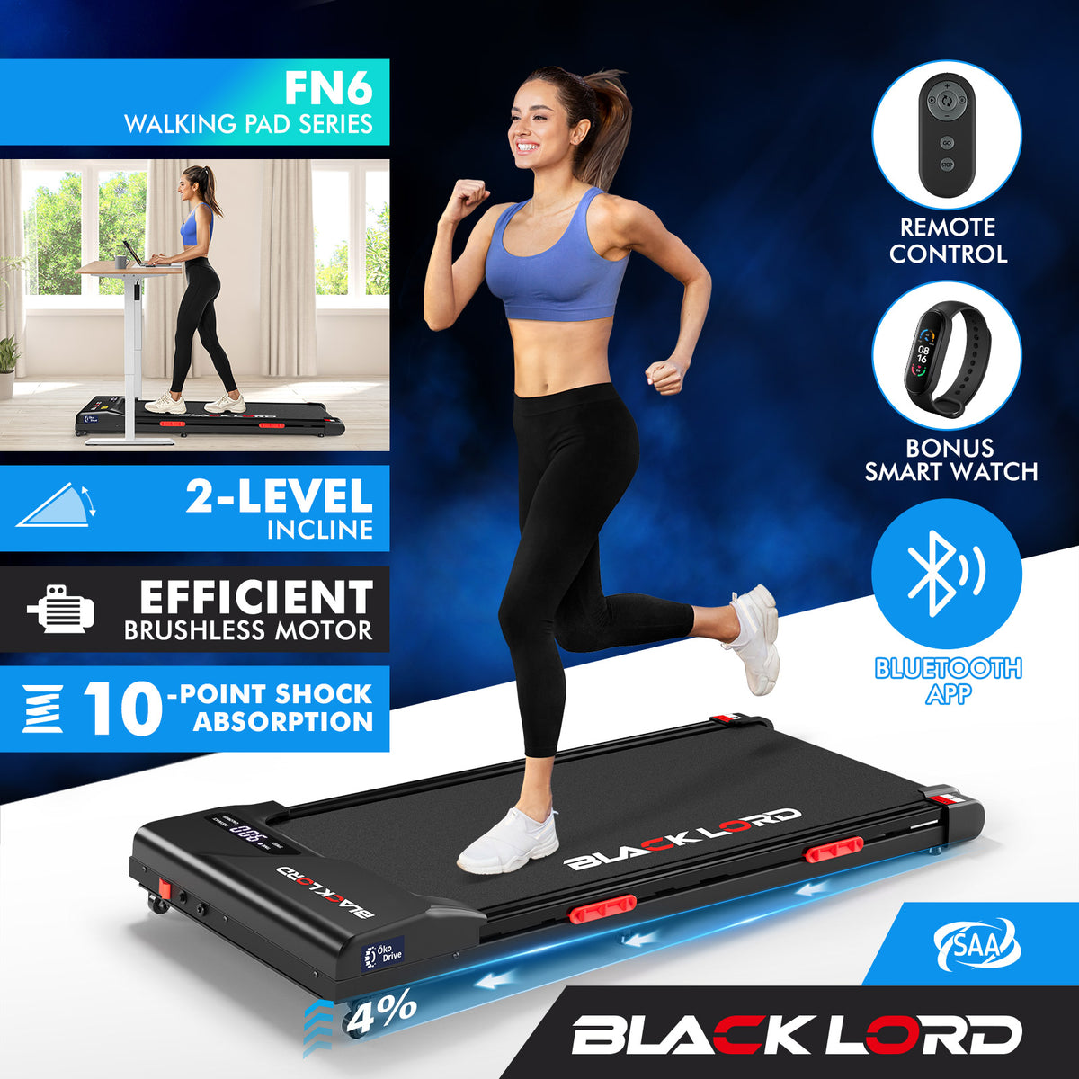 BLACK LORD Treadmill Electric Walking Pad Incline Gym Brushless Motor Black