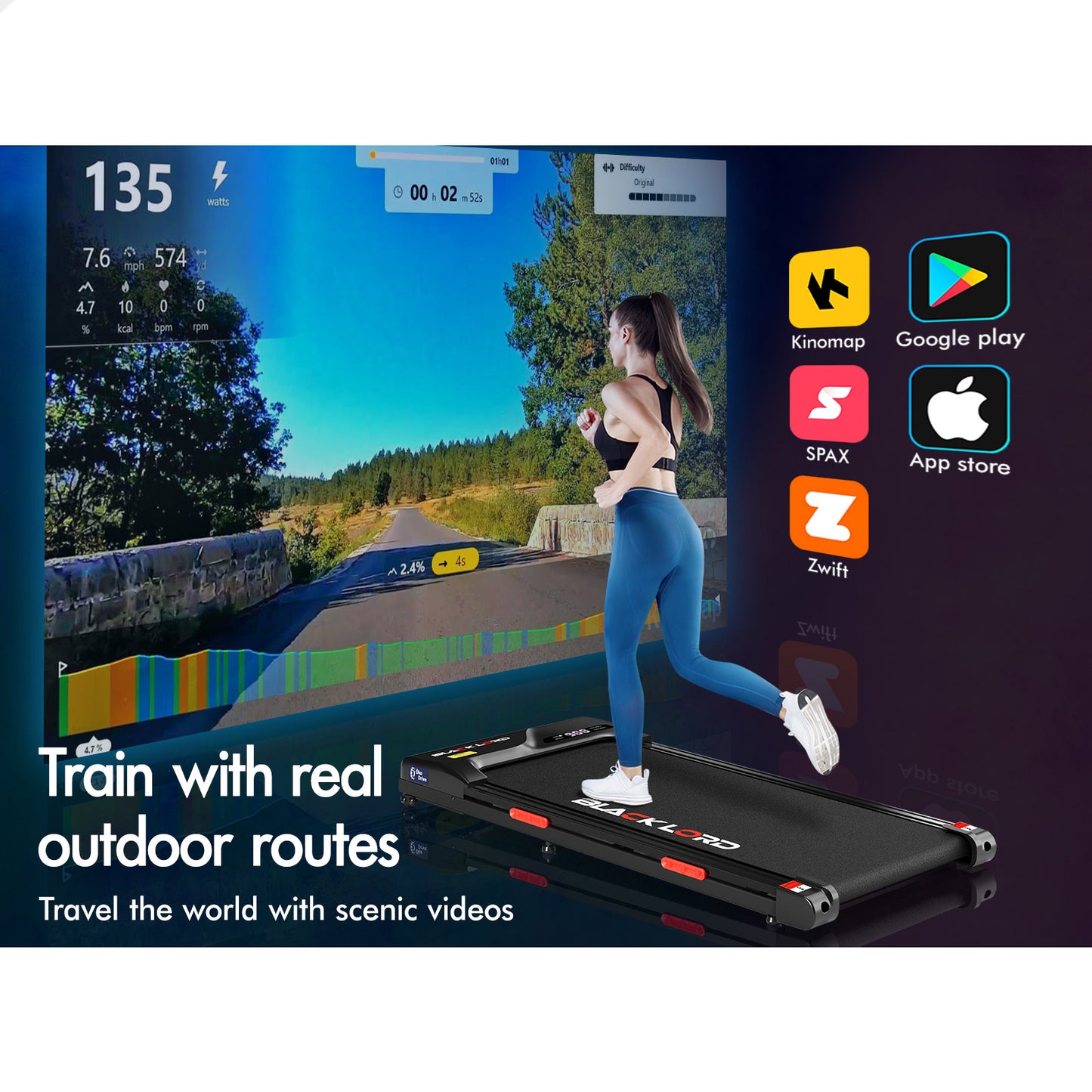 BLACK LORD Treadmill Electric Walking Pad Incline Gym Brushless Motor Black