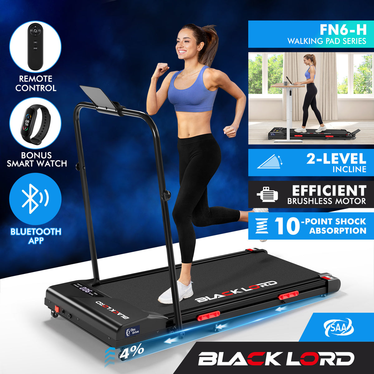 BLACK LORD Treadmill Electric Walking Pad Incline Foldable Home Gym Fitness