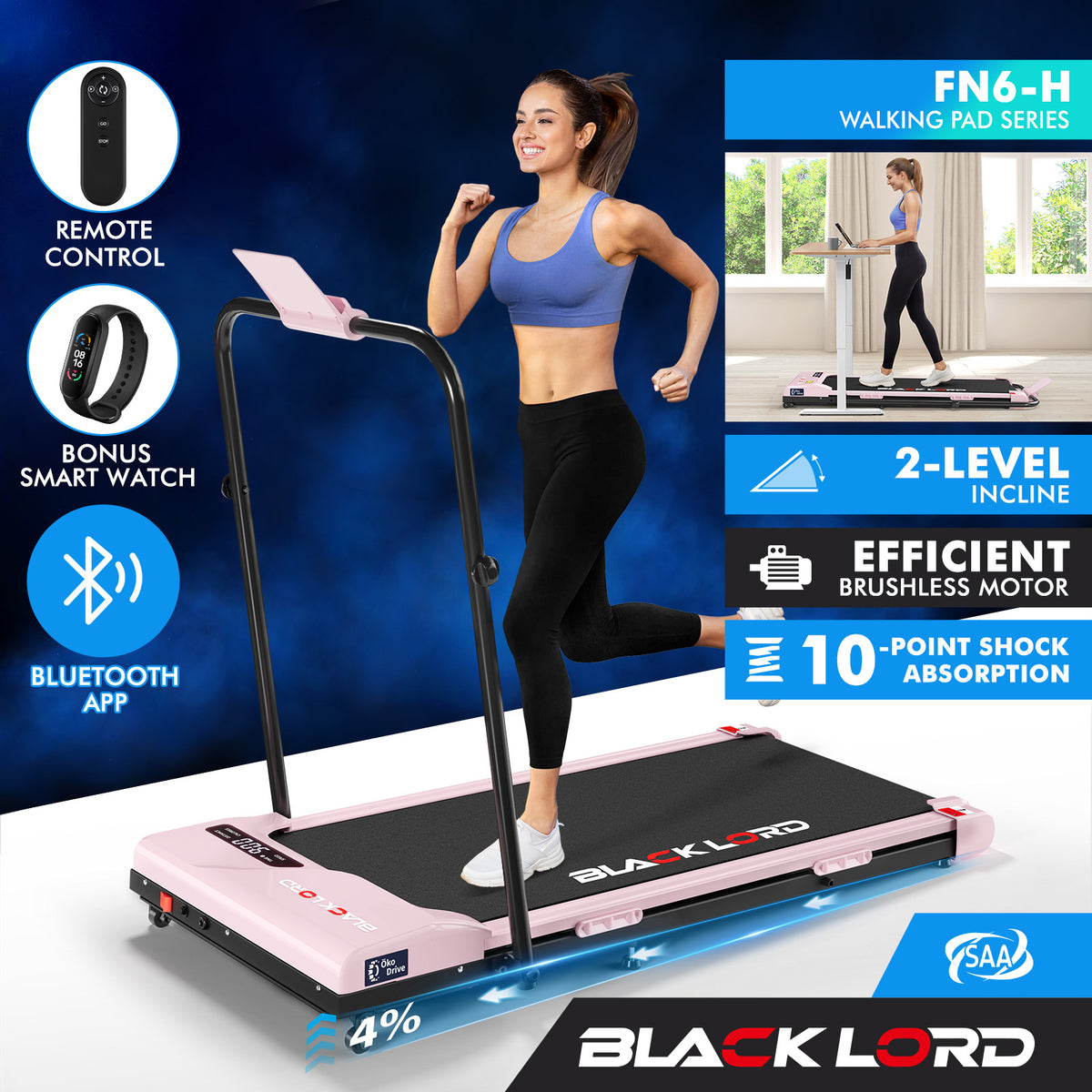 BLACK LORD Treadmill Electric Walking Pad Incline Foldable Home Gym Fitness Pink