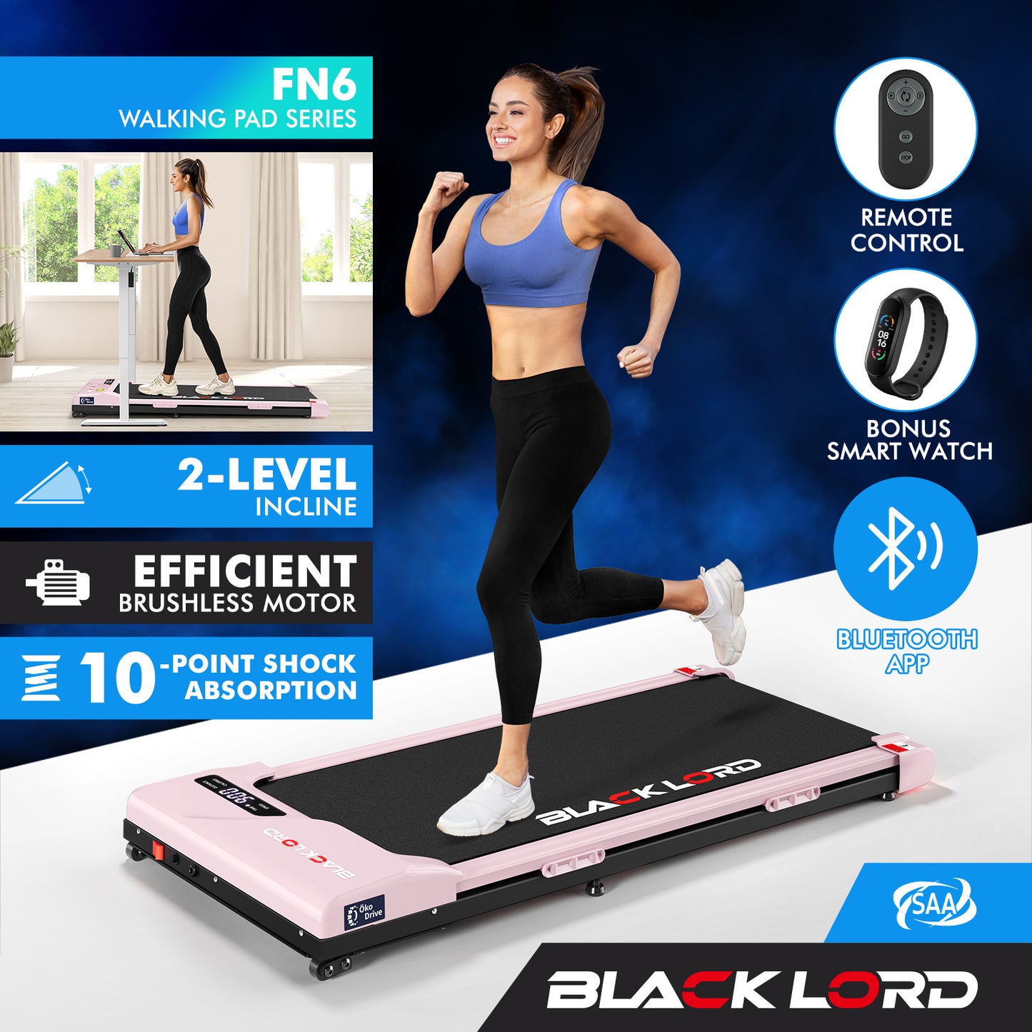 BLACK LORD Treadmill Electric Walking Pad Incline Gym Brushless Motor Pink