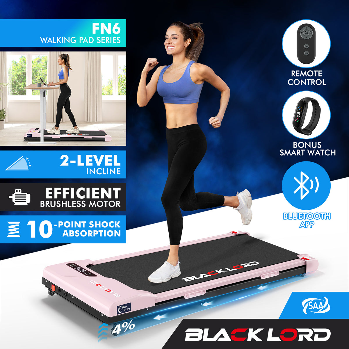 BLACK LORD Treadmill Electric Walking Pad Incline Gym Brushless Motor Pink