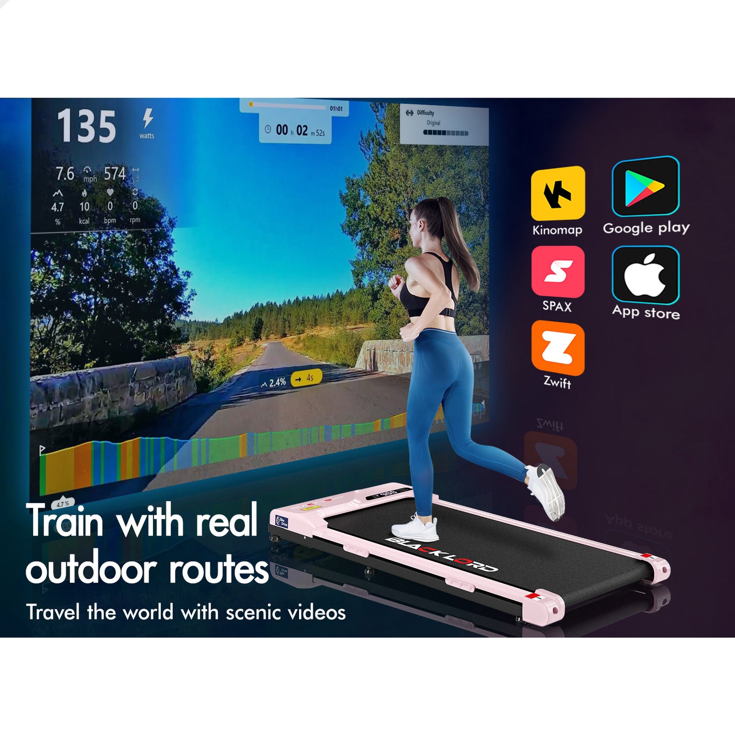 BLACK LORD Treadmill Electric Walking Pad Incline Gym Brushless Motor Pink